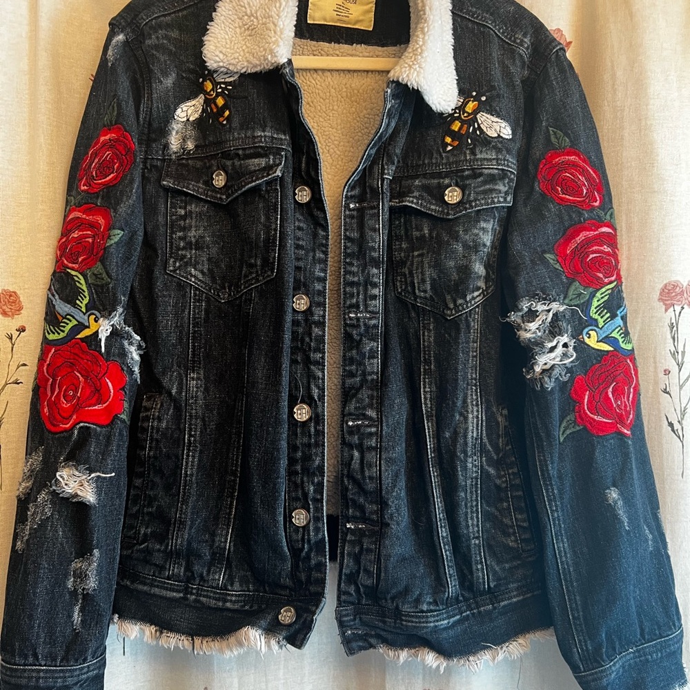 Denim House Distressed Black Denim Jacket with Red Rose and Tiger Embroidery